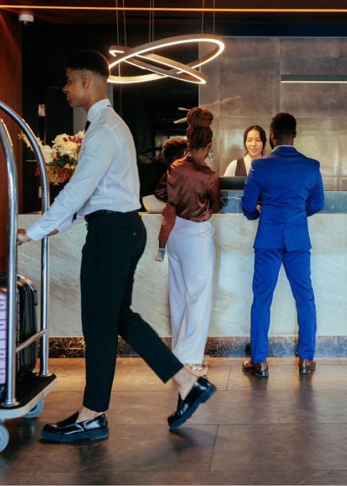 Photo of a busy hotel lobby